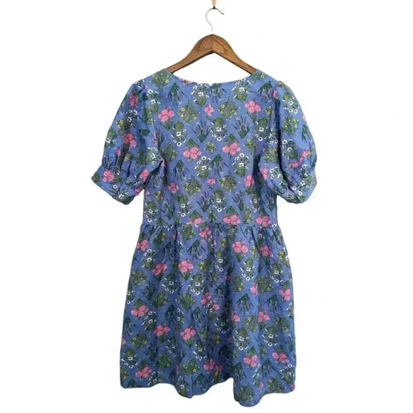 Loft Blue Floral Puff Sleeve Linen Blend Dress NEW Size 4T 4 Tall Short Sleeve - Picture 5 of 8